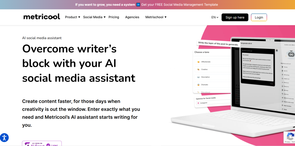 Metricool AI tools untuk pemula untuk analisis konten dan scheduling